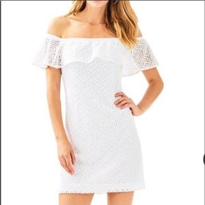 Lilly Pulitzer La Fortuna Dress. White off shoulder eyelit